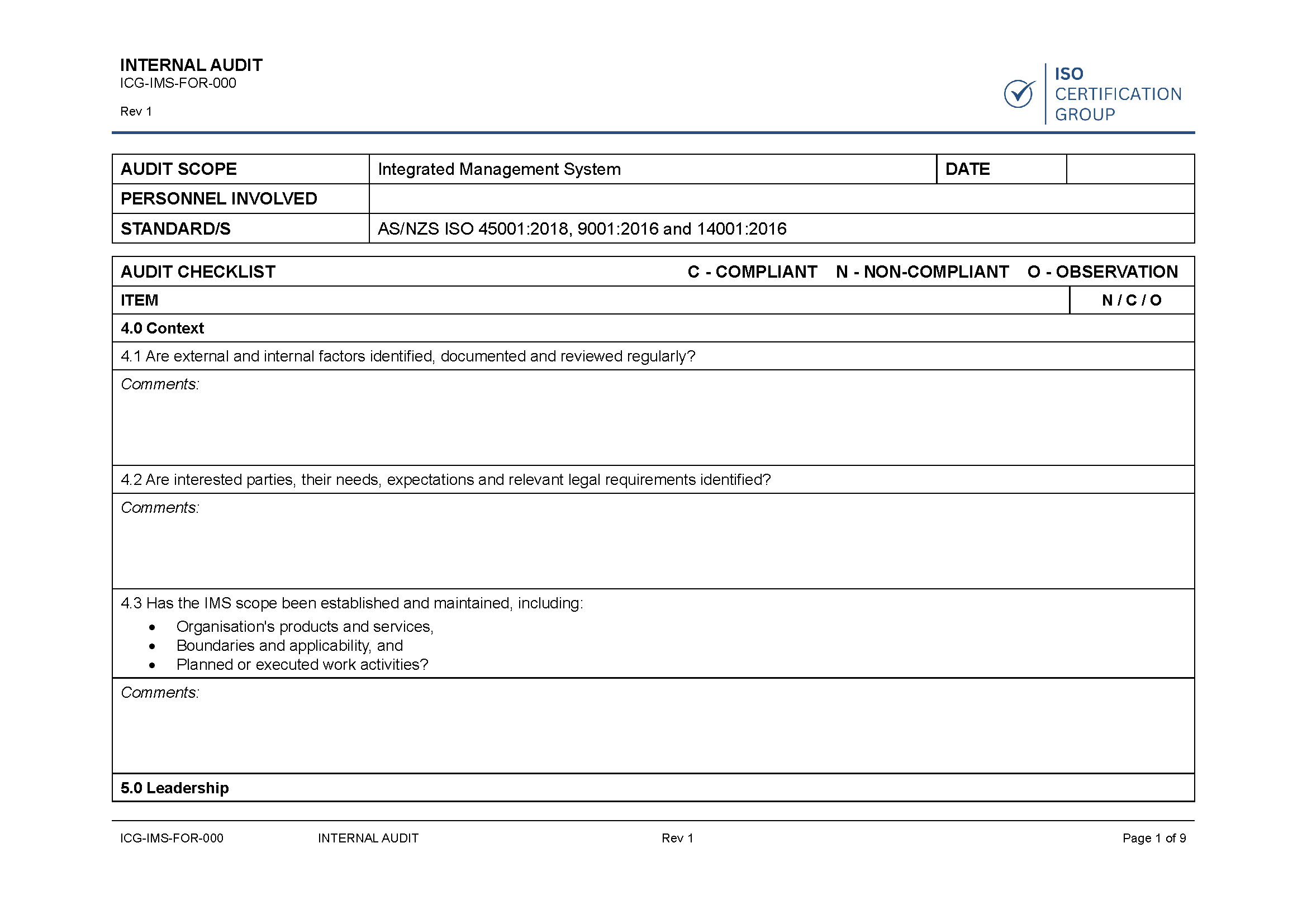 Free Internal Audit Template | ISO Certification Australia