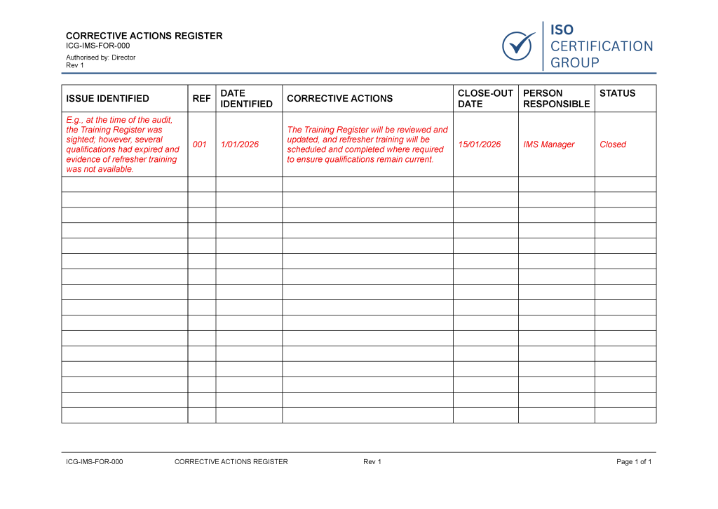 Free Corrective Actions Register Template | ISO Certification