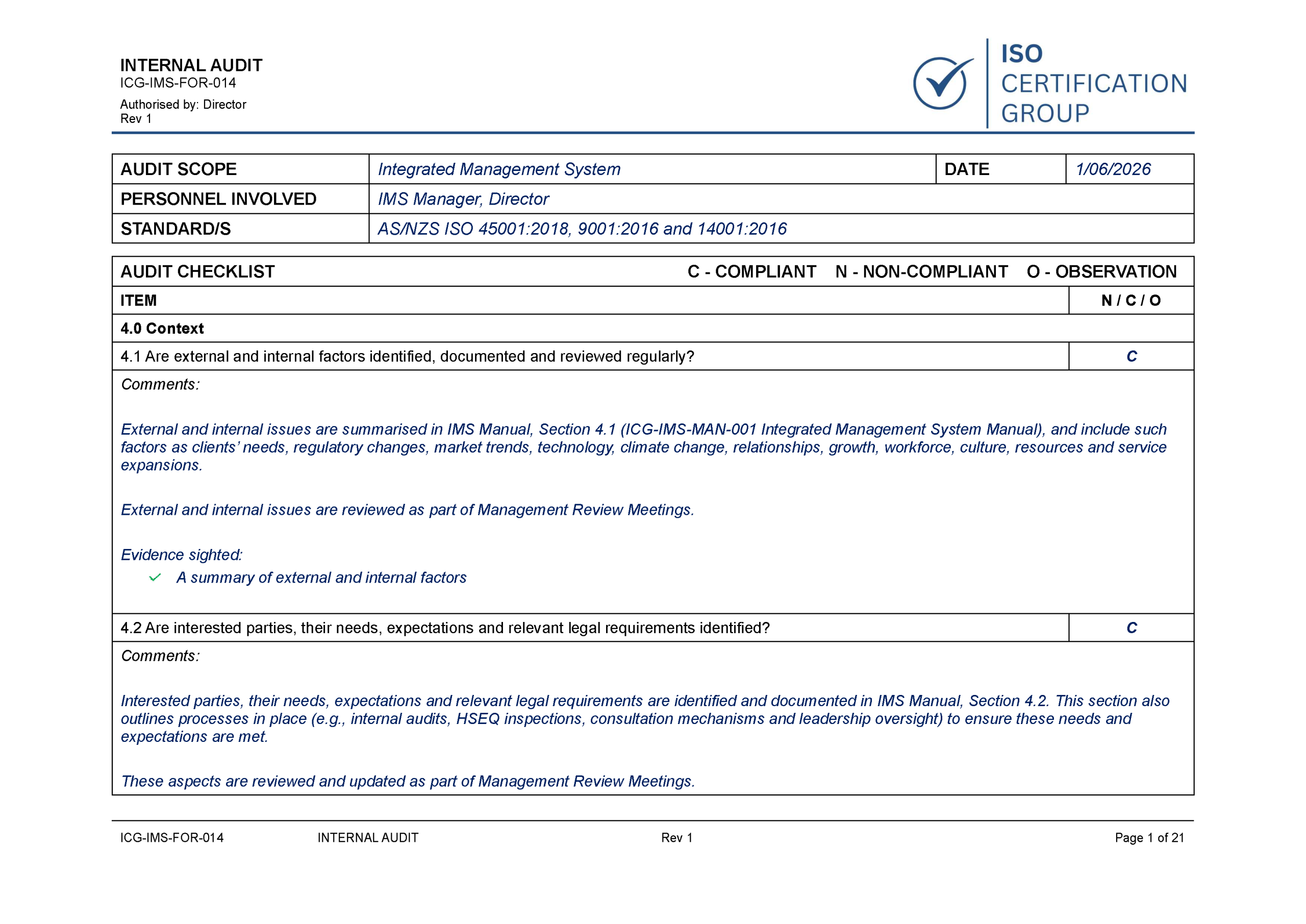 Internal Guide Only Internal Audit Guide | ISO Certification Australia