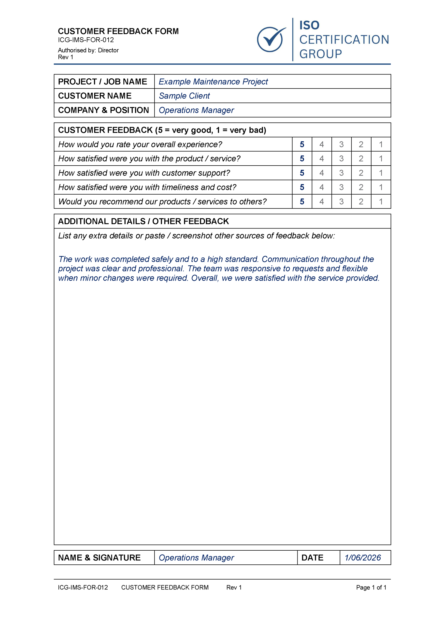 Customer Feedback Form | ISO Certification Australia