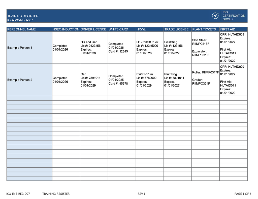 Training Register Afsl Requirements Training Register Guide | ISO Certification Australia