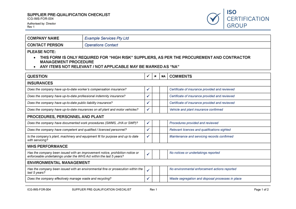 Compass Quality Management System For Prequalification Process Supplier Pre-Qualification Checklist | ISO Certification